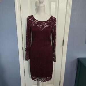 NWOT Ambiance Women L Burgundy Knee Length Long Sleeve Lace Cocktail Dress Fall